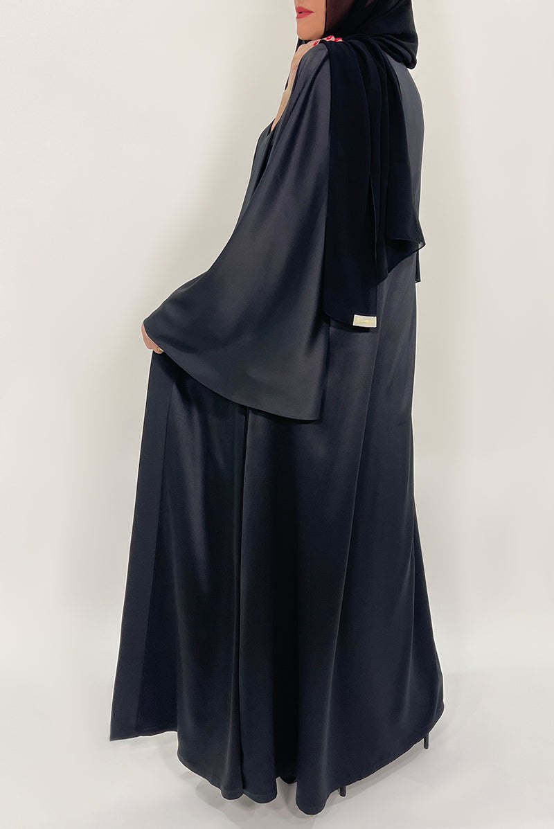 Shiny Black Flared Abaya - thowby - dubai designer abayas