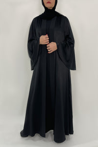 Shiny Black Flared Abaya - thowby - dubai designer abayas