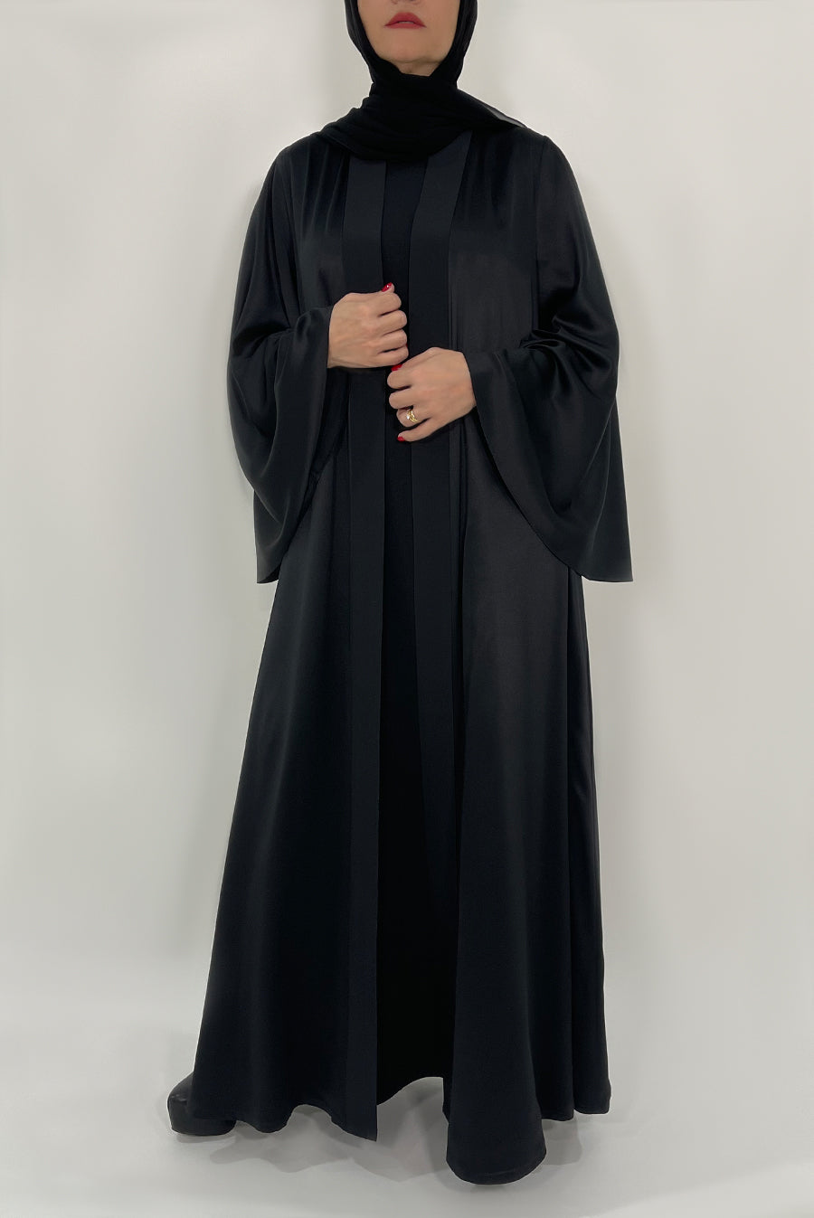 Shiny Black Flared Abaya - thowby - dubai designer abayas