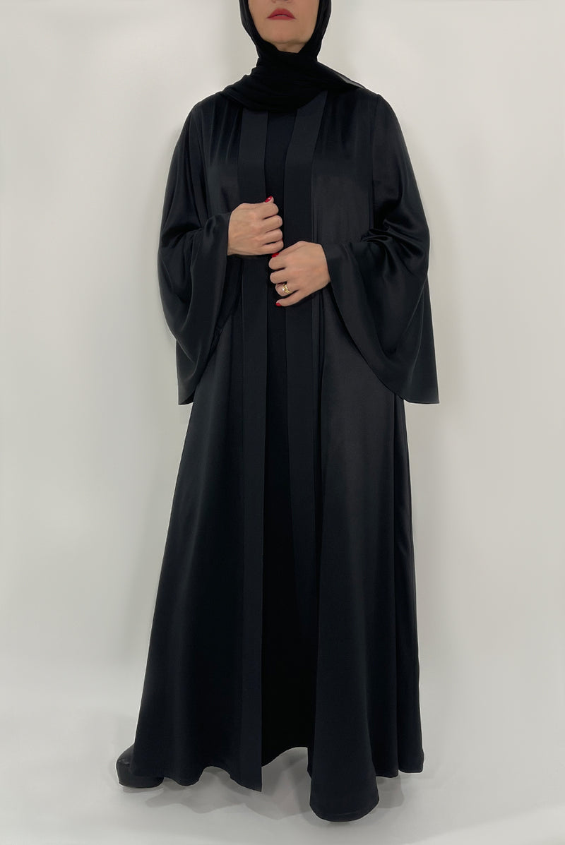 Shiny Black Flared Abaya - thowby - dubai designer abayas