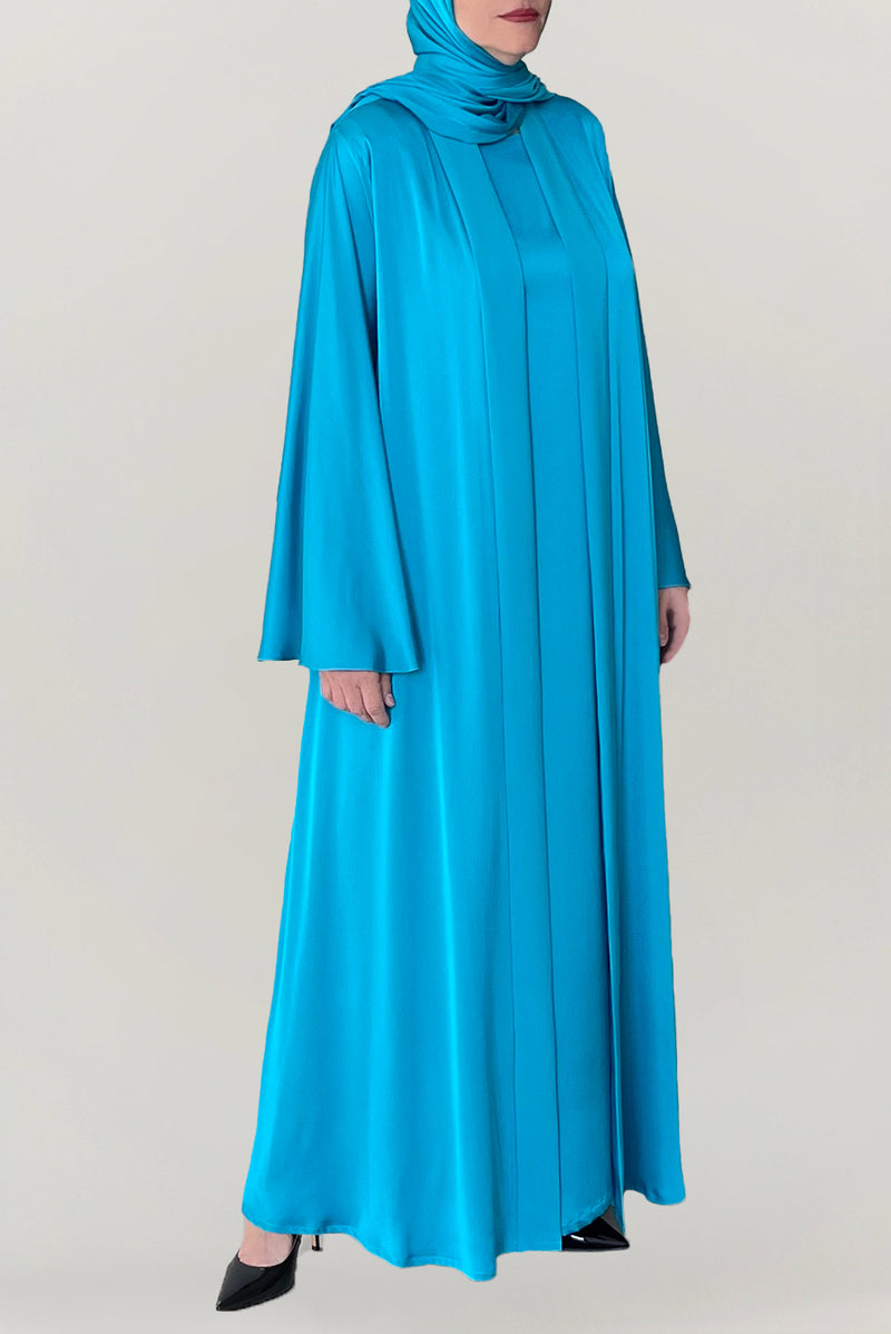 dress abaya design latest Blue Maryam Floral Abaya Dress & Pants Set In Premium Silk Cotton